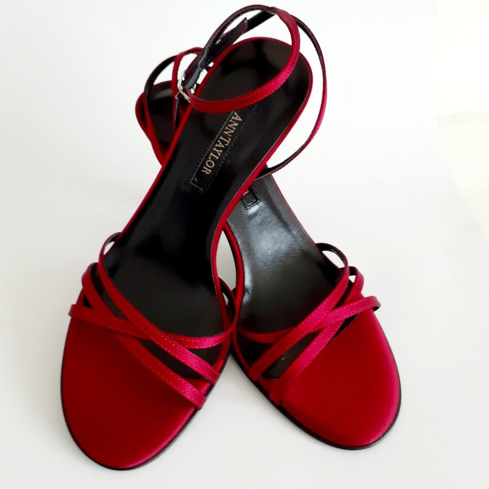 Red Joie Satin Rhinestone Buckle Heels